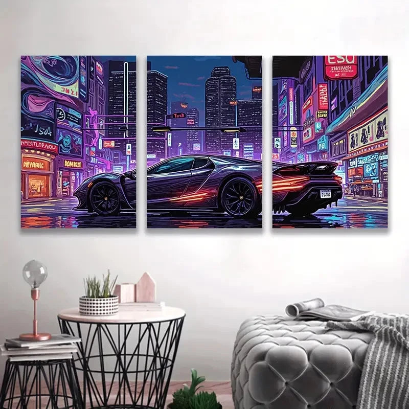 3pcs Bugatti La Voiture Noire City Night Wal1l Art Set Canvas Framed 40x60cm - High Quality Print 100% Australian Made Wall Canvas Ready to Hang