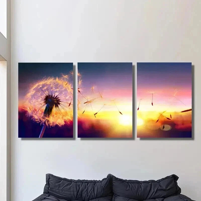 3pcs Dandelion Seeds Flying in Sunset Wall Art Set Canvas Framed 40x60cm - High Quality Print 100% Australian Made Wall Canvas Ready to Hang