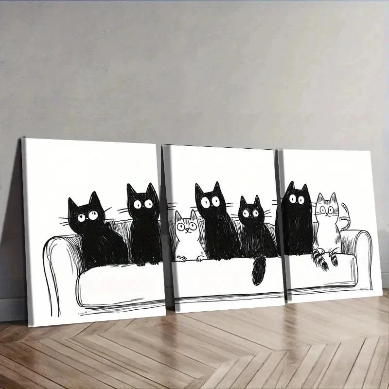 3pcs Black & White Cats Sitting on Couch Wall Art Set Canvas Framed 40x60cm - High Quality Print 100% Australian Made Wall Canvas Ready to Hang
