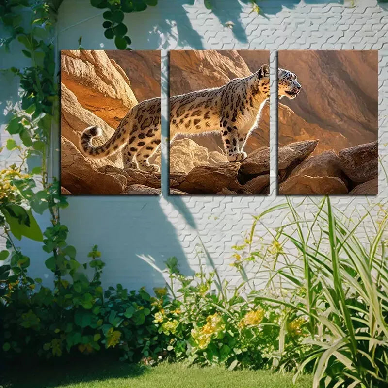 3pcs Leopard on Rocky Cliff Wildlife Modern Blue Nature Wall Art Set Canvas Framed 50x70cm - High Quality Print 100% Australian Made Wall Canvas Ready to Hang - Bella Home Decor