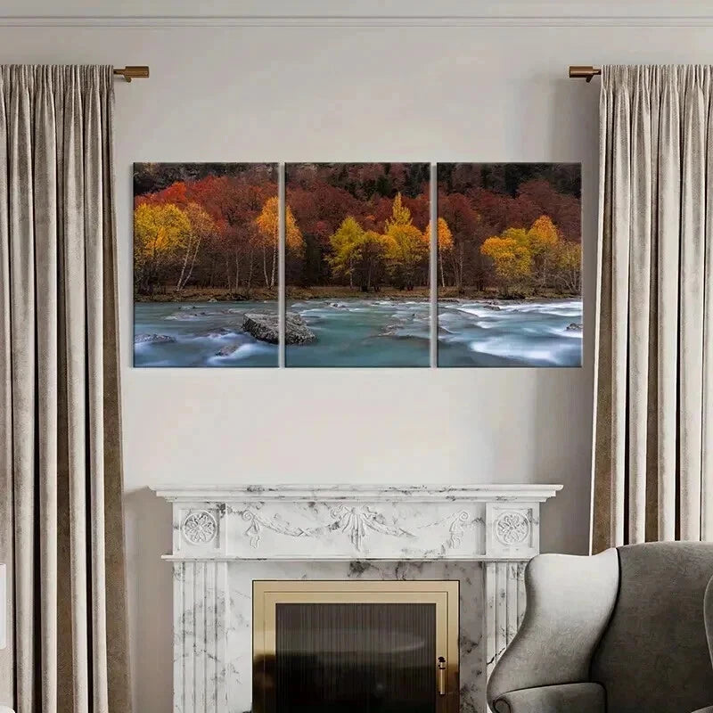 3pcs Modern Autumn Lake and Forest Wall Art Set Canvas Framed 40x60cm - High Quality Print 100% Australian Made Wall Canvas Ready to Hang