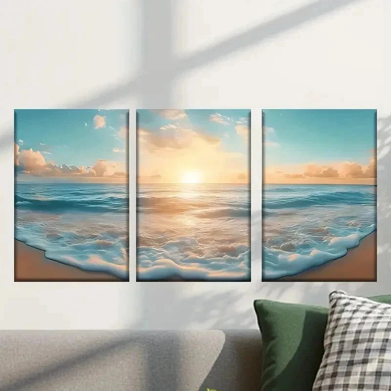 3pcs Sunset Waves & Sailboat Scene Wall Art Set Canvas Framed 40x60cm - High Quality Print 100% Australian Made Wall Canvas Ready to Hang
