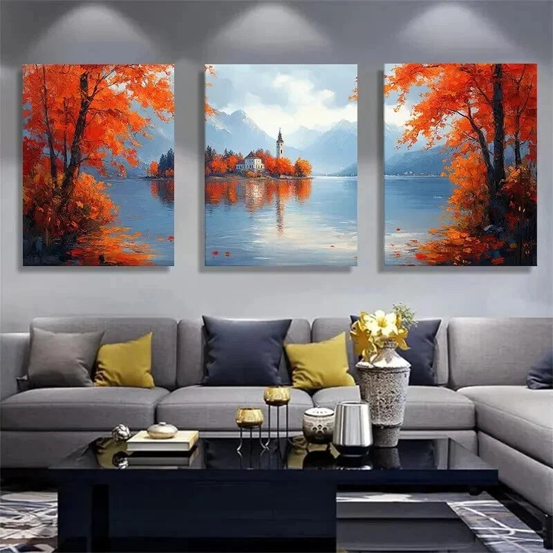 3pcs Vibrant Orange Trees Mountain Reflections Wall Art Set Canvas Framed 40x60cm - High Quality Print 100% Australian Made Wall Canvas Ready to Hang