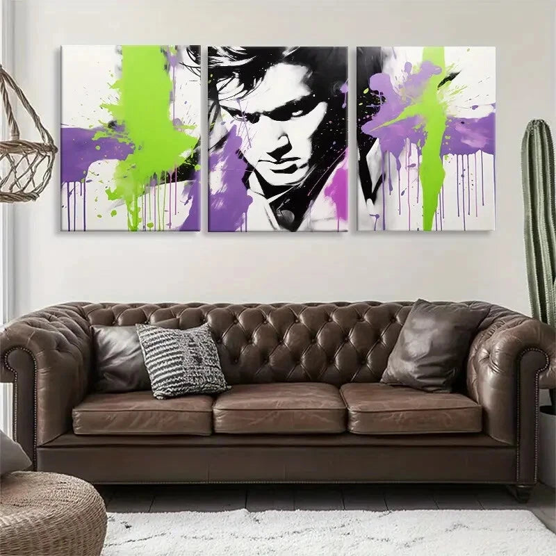 3pcs Purple and Green Paint Splashes Perfect Wall Art Set Canvas Framed 40x60cm - High Quality Print 100% Australian Made Wall Canvas Ready to Hang
