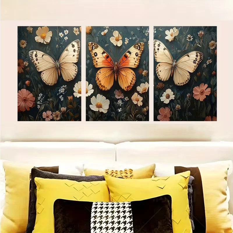 3pcs Victorian Butterfly Elegant Wildflowers Wall Art Set Canvas Framed 50x70cm - High Quality Print 100% Australian Made Wall Canvas Ready to Hang