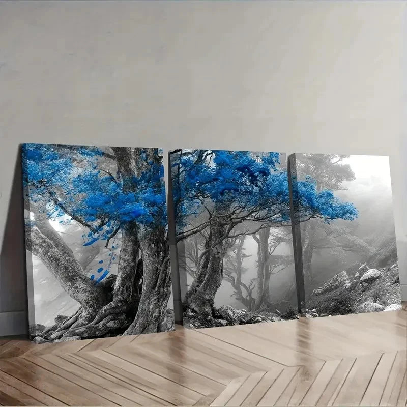 3pcs Ancient Trees With Blue Mist Wall Art Set Canvas Framed 40x60cm - High Quality Print 100% Australian Made Wall Canvas Ready to Hang