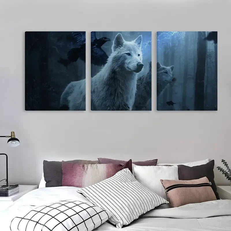 3pcs White Forest Scene with Howling Wolves Wall Art Set Canvas Framed 60x90cm - High Quality Print 100% Australian Made Wall Canvas Ready to Hang