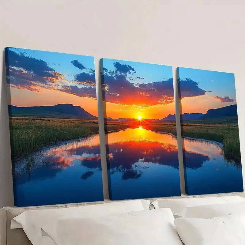 3pcs Sunset Sky Clouds Mountains and Rivers Wall Art Set Canvas Framed 40x60cm - High Quality Print 100% Australian Made Wall Canvas Ready to Hang