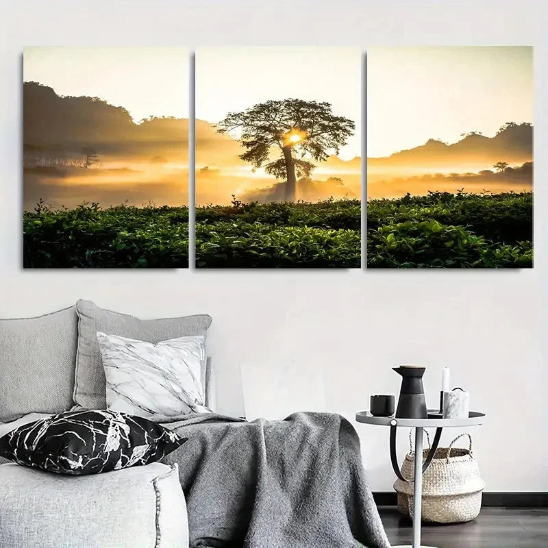 3pcs Golden Sunrise Over Tea Plantation Wall Art Set Canvas Framed 40x60cm - High Quality Print 100% Australian Made Wall Canvas Ready to Hang