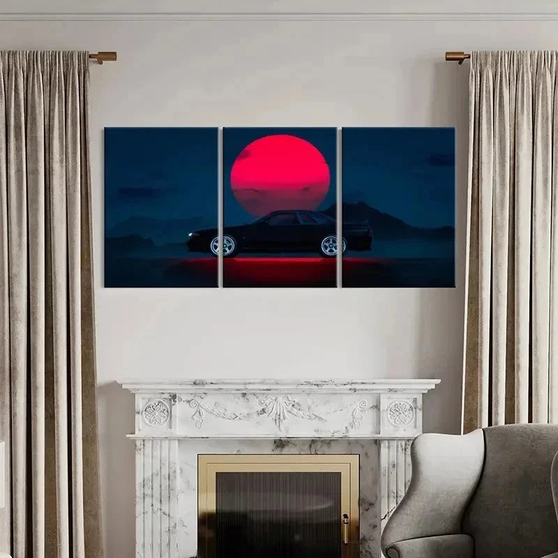 3pcs Modern Car in Red Sun Scene Decor Wall Art Set Canvas Framed 40x60cm - High Quality Print 100% Australian Made Wall Canvas Ready to Hang