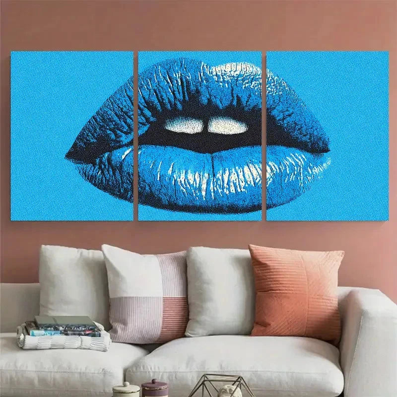 3pcs Blue Kiss Lips Retro Coquette Perfect Wall Art Set Canvas Framed 40x60cm - High Quality Print 100% Australian Made Wall Canvas Ready to Hang