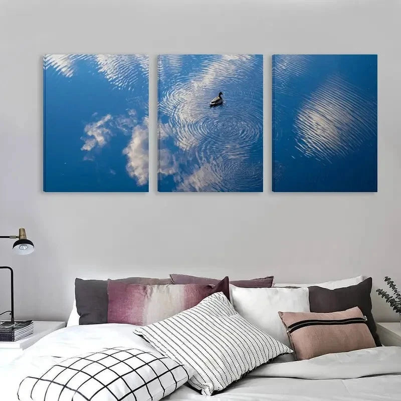 3pcs Blue Lake Scene with Ripples Cloud Duck Wall Art Set Canvas Framed 60x90cm - High Quality Print 100% Australian Made Wall Canvas Ready to Hang