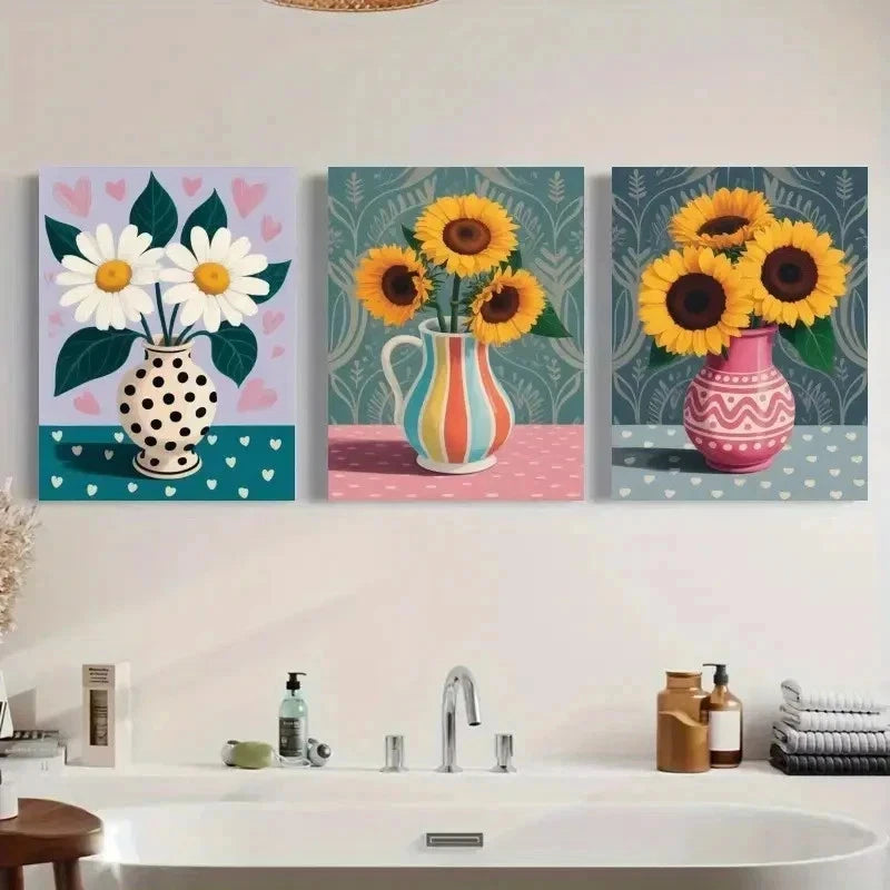 3pcs Sunflowers, Daisies, Polka Dot Wall Art Set Canvas Framed 60x90cm - High Quality Print 100% Australian Made Wall Canvas Ready to Hang