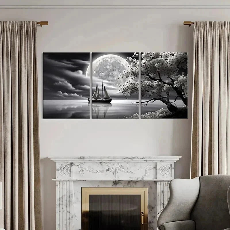 3pcs Boat River Moon Cherry Blossoms Wall Art Set Canvas Framed 40x60cm - High Quality Print 100% Australian Made Wall Canvas Ready to Hang