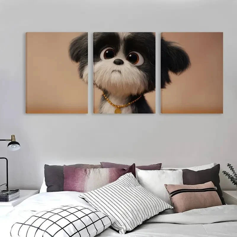 3pcs Modern Black & White Puppy & Golden Collar Wall Art Set Canvas Framed 60x90cm - High Quality Print 100% Australian Made Wall Canvas Ready to Hang