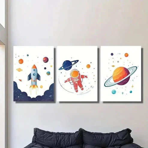 3pcs Astronaut With Rocket Floating in Space Wall Art Set Canvas Unframed - High Quality Print 100% Australian Made Wall Canvas