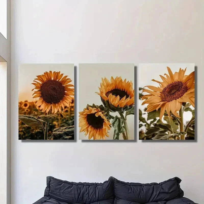 3pcs Nordic Sunflower Blooms in the Field Wall Art Set Canvas Framed 40x60cm - High Quality Print 100% Australian Made Wall Canvas Ready to Hang