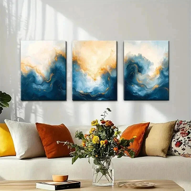 3pcs Modern Blue and Golden Fluid Perfect Wall Art Set Canvas Framed 40x60cm - High Quality Print 100% Australian Made Wall Canvas Ready to Hang