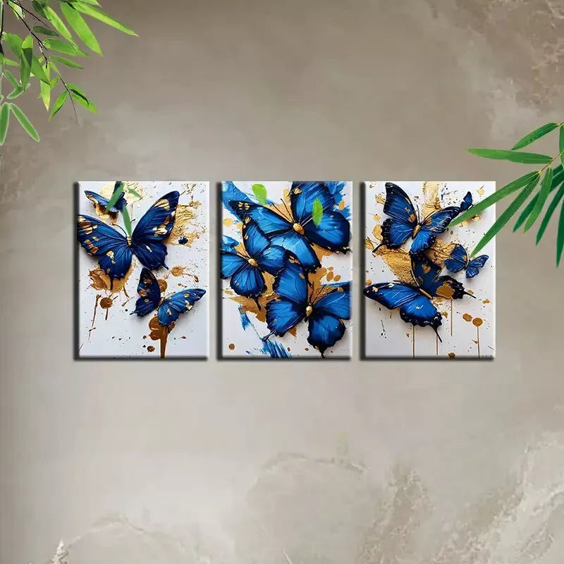 3pcs Vintage Blue Butterfly Abstract Minimalist Wall Art Set Canvas Framed 50x70cm - High Quality Print 100% Australian Made Wall Canvas Ready to Hang