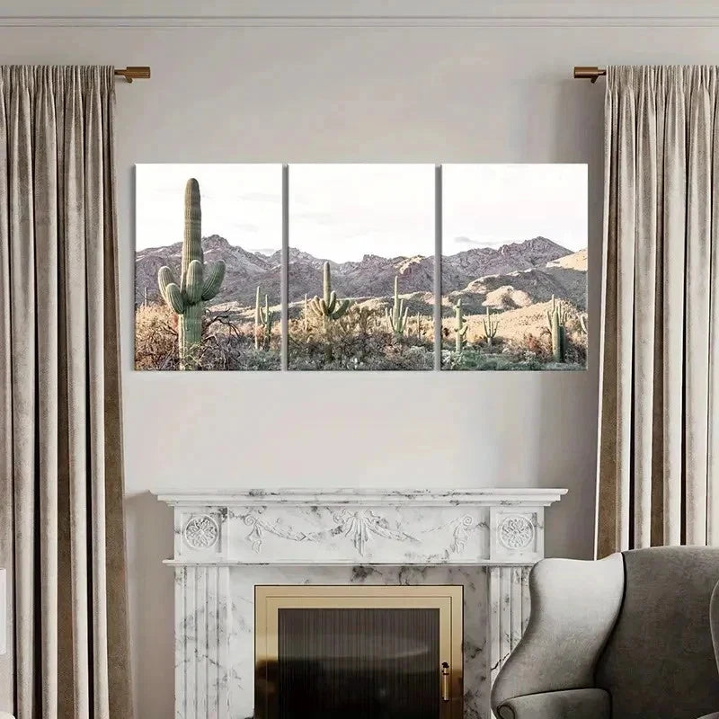 3pcs Desert Art Painting Mountains & Cacti Wall Art Set Canvas Framed 40x60cm - High Quality Print 100% Australian Made Wall Canvas Ready to Hang