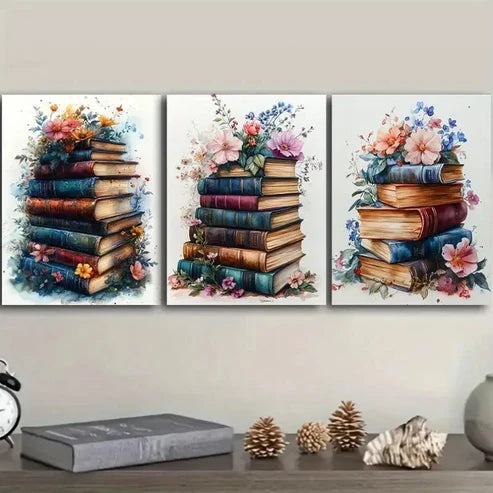3pcs Featuring a Stack of Books Wall Art Set Canvas Unframed - High Quality Print 100% Australian Made Wall Canvas - Bella Home Decor