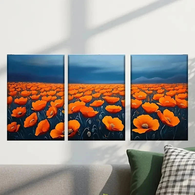 3pcs Orange Flowers in a Field & Dark Sky Wall Art Set Canvas Framed 40x60cm - High Quality Print 100% Australian Made Wall Canvas Ready to Hang