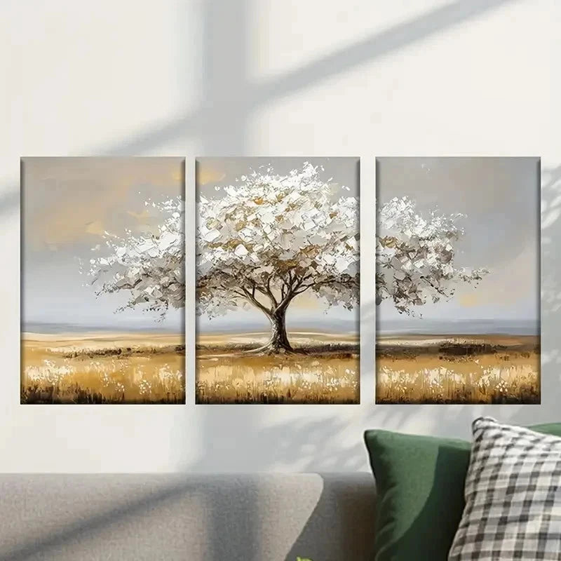 3pcs Abstract Painting of a Tree in a Field Wall Art Set Canvas Framed 40x60cm - High Quality Print 100% Australian Made Wall Canvas Ready to Hang