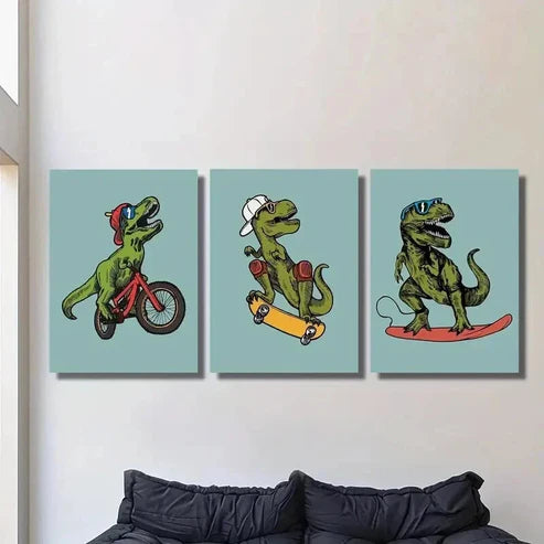 3pcs Tyrannosaurus Rex Skateboarding and Riding Wall Art Set Canvas Unframed - High Quality Print 100% Australian Made Wall Canvas