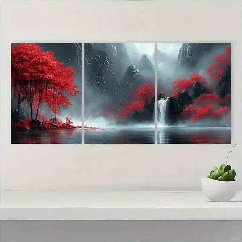 3pcs Fantasy Red Trees & WaterfallsT Wall Art Set Canvas Framed 60x90cm - High Quality Print 100% Australian Made Wall Canvas Ready to Hang