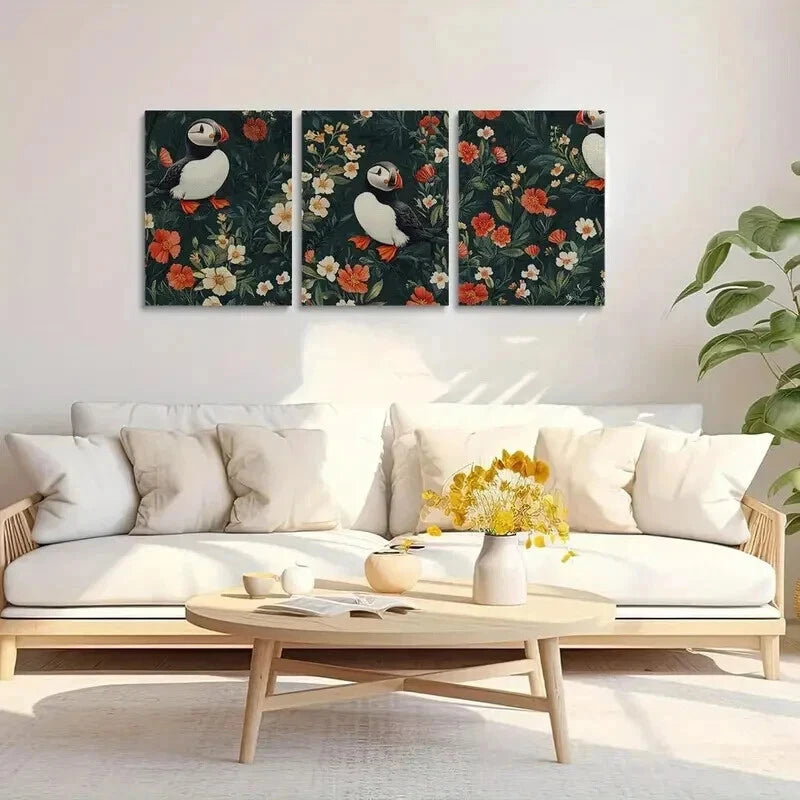 3pcs Puffins & Blooming Flowers Decorations Wall Art Set Canvas Framed 40x60cm - High Quality Print 100% Australian Made Wall Canvas Ready to Hang