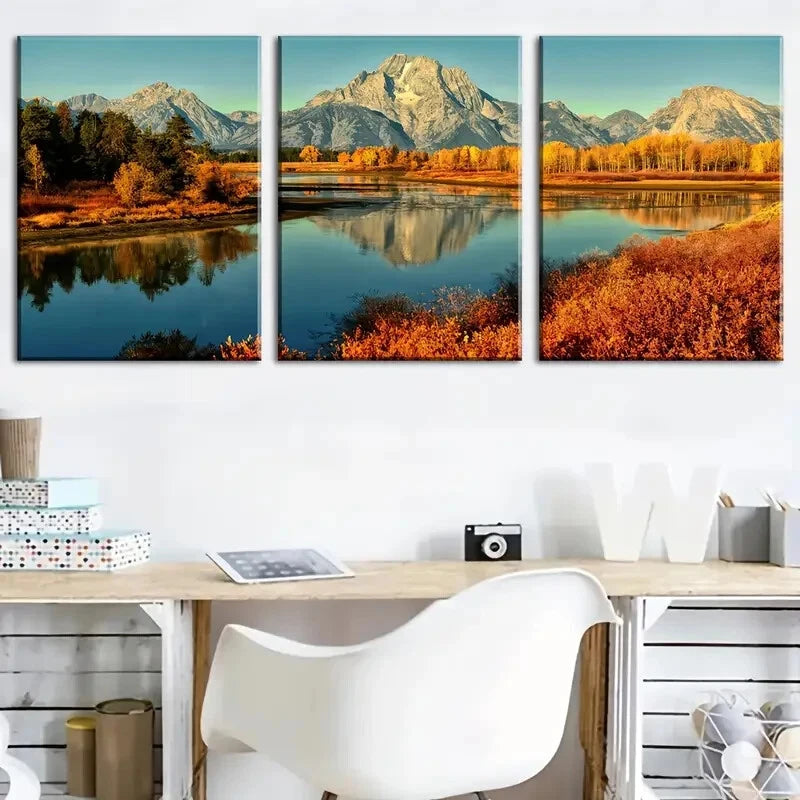3pcs Mountain Lake Land Autumn Nature Perfect Wall Art Set Canvas Framed 40x60cm - High Quality Print 100% Australian Made Wall Canvas Ready to Hang