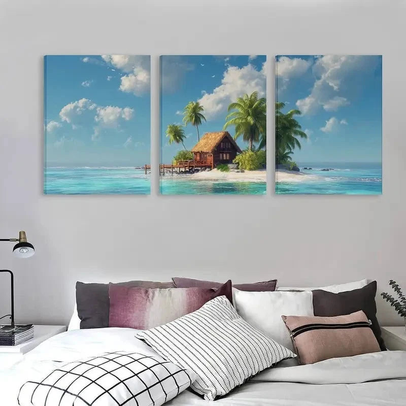 3pcs Overwater Bungalow & Palm Tree Beach Scene Wall Art Set Canvas Framed 60x90cm - High Quality Print 100% Australian Made Wall Canvas Ready to Hang