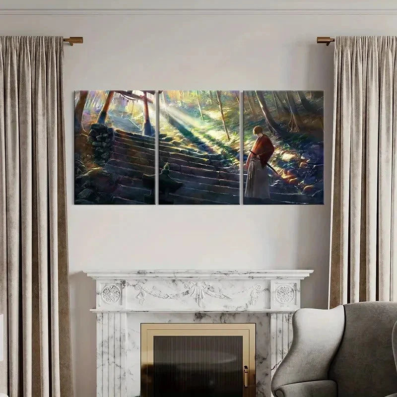 3pcs Japanese Classic Anime Swordsman Wall Art Set Canvas Framed 60x90cm - High Quality Print 100% Australian Made Wall Canvas Ready to Hang