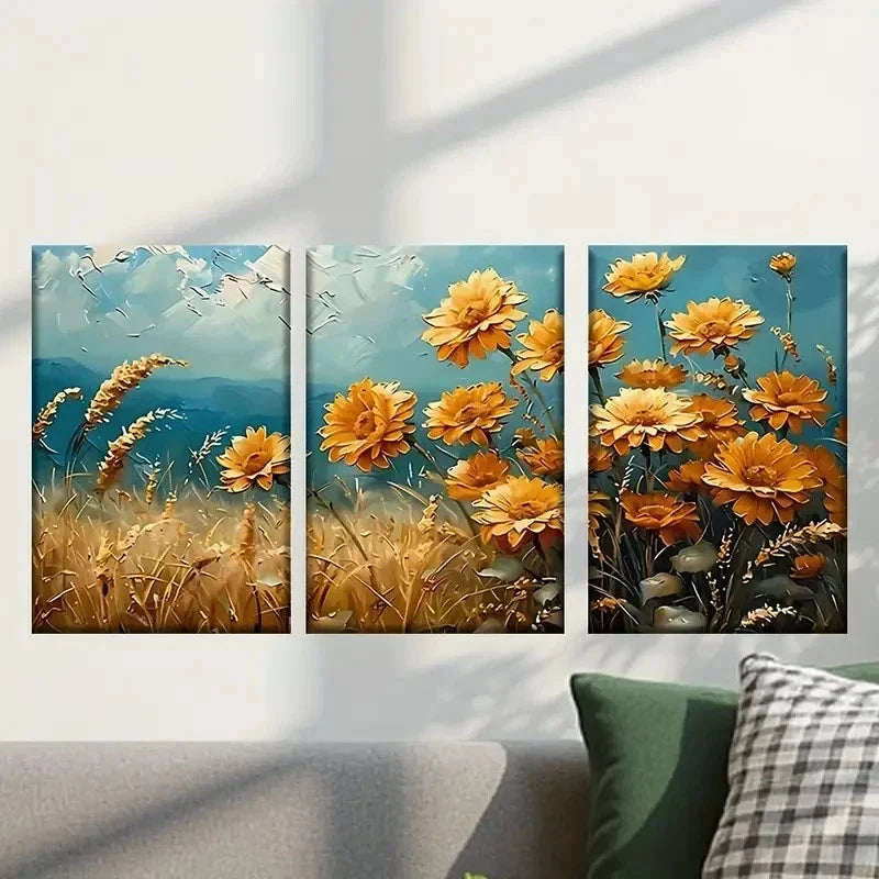 3pcs Yellow Flowers in a Field & Blue Sky Wall Art Set Canvas Framed 40x60cm - High Quality Print 100% Australian Made Wall Canvas Ready to Hang