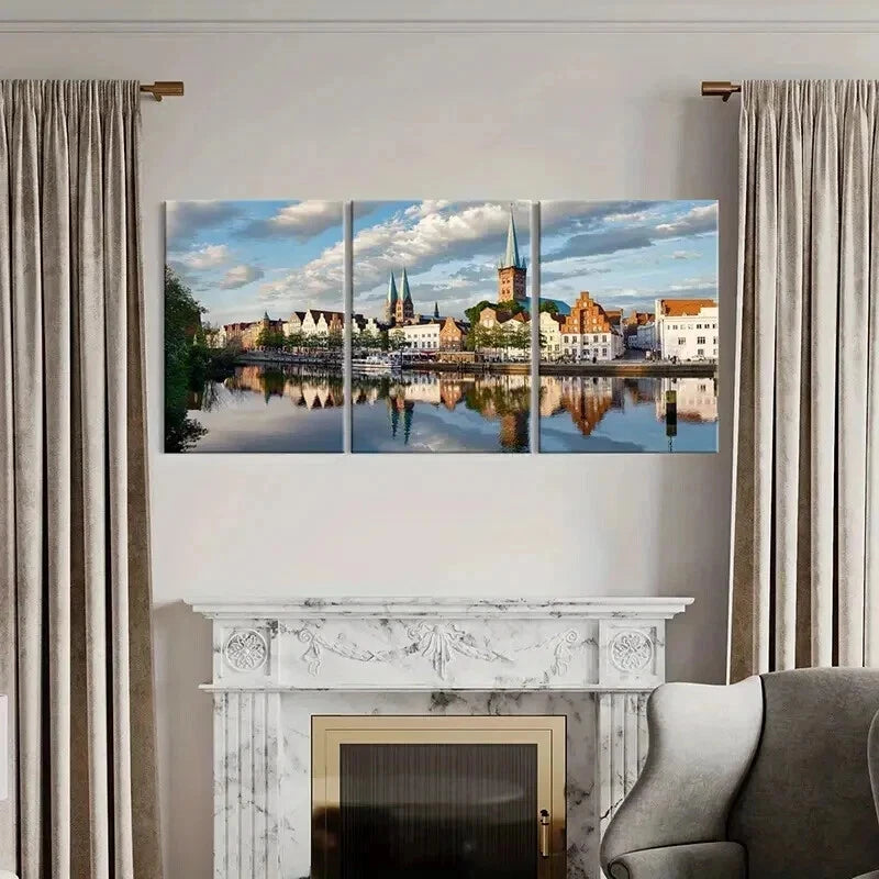 3pcs European Town Landscape with River Wall Art Set Canvas Framed 40x60cm - High Quality Print 100% Australian Made Wall Canvas Ready to Hang