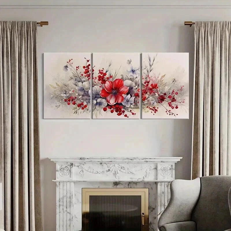 3pcs Red Flower Bouquet Abstract Floral Wall Art Set Canvas Framed 50x70cm - High Quality Print 100% Australian Made Wall Canvas Ready to Hang