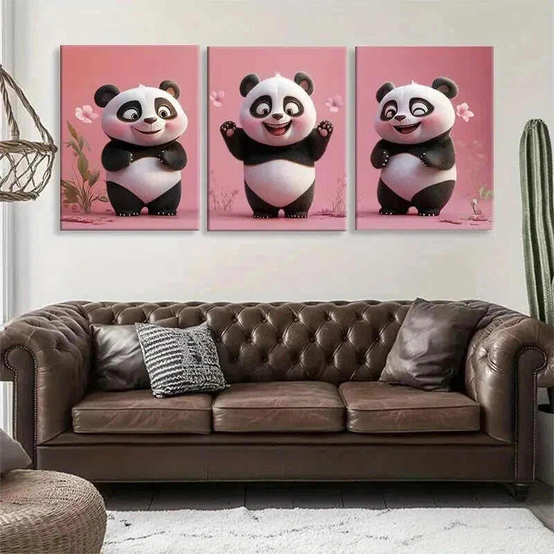3pcs Pink Background Playful Panda Perfect Wall Art Set Canvas Framed 60x90cm - High Quality Print 100% Australian Made Wall Canvas Ready to Hang
