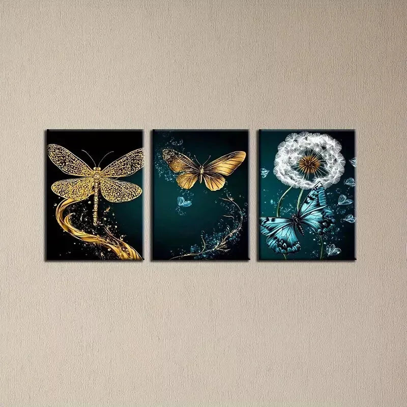 3pcs Enchanting Abstract Golden Butterfly Dandelion Wall Art Set Canvas Framed 50x70cm - High Quality Print 100% Australian Made Wall Canvas Ready to Hang - Bella Home Decor