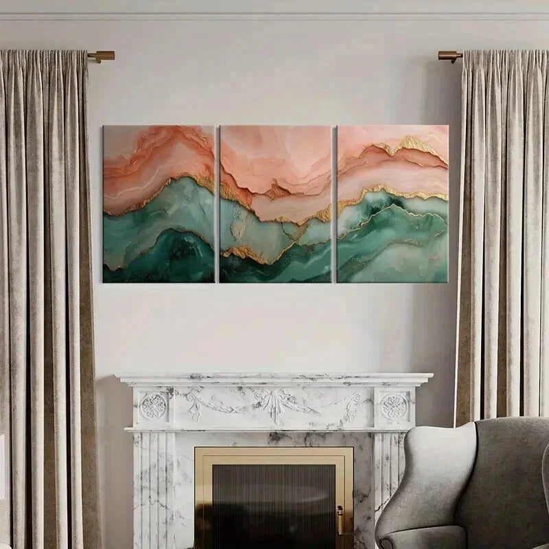 3pcs Teal and Pink with Golden Layered Abstract Wall Art Set Canvas Framed 50x70cm - High Quality Print 100% Australian Made Wall Canvas Ready to Hang