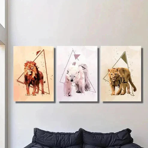 3pcs Abstract Geometric Lion Bear Animal Wall Art Set Canvas Unframed - High Quality Print 100% Australian Made Wall Canvas