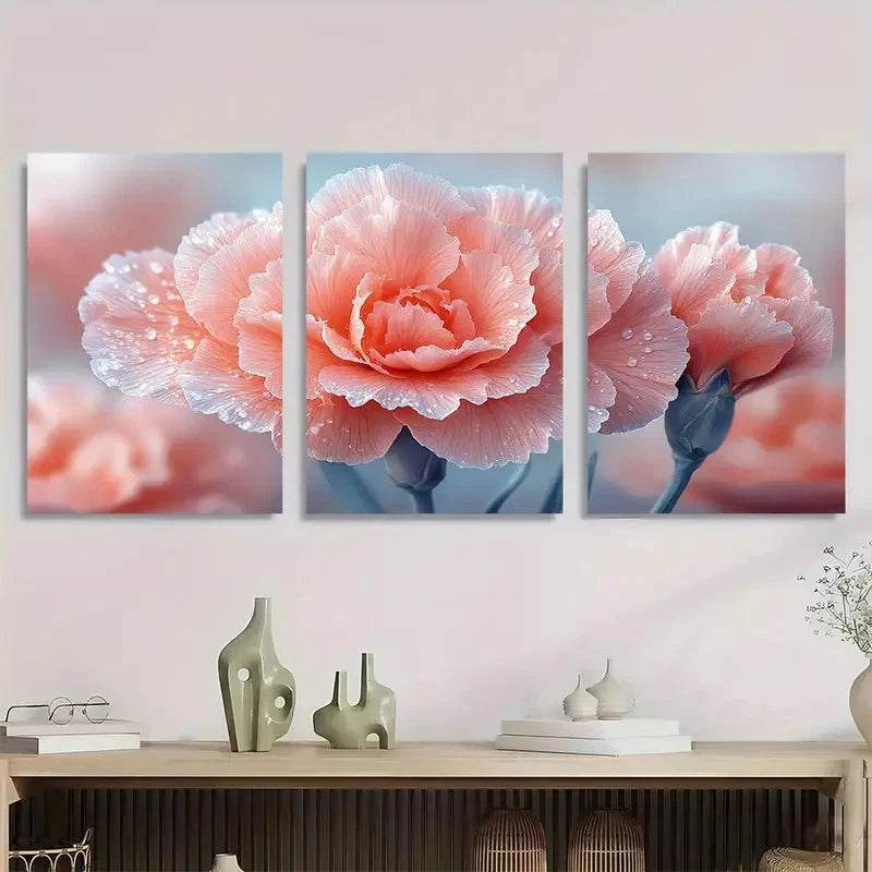 3pcs Pink Carnation Flower Droplet Perfect Wall Art Set Canvas Framed 40x60cm - High Quality Print 100% Australian Made Wall Canvas Ready to Hang