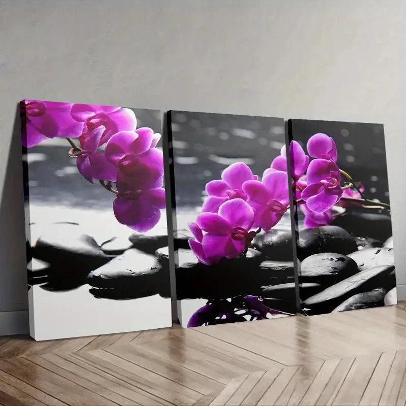 3pcs Purple Orchids on Black Rocks Wall Art Set Canvas Framed 50x70cm - High Quality Print 100% Australian Made Wall Canvas Ready to Hang
