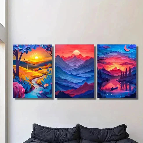 3pcs Rich Valley & Mountain Landscape at Sunset Wall Art Canvas Unframed - High Quality Print 100% Australian Made Wall Canvas