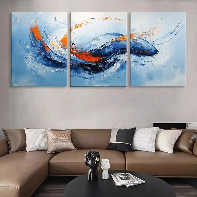 3pcs Blue and Orange Swirling Patterns Perfect Wall Art Set Canvas Framed 40x60cm - High Quality Print 100% Australian Made Wall Canvas Ready to Hang