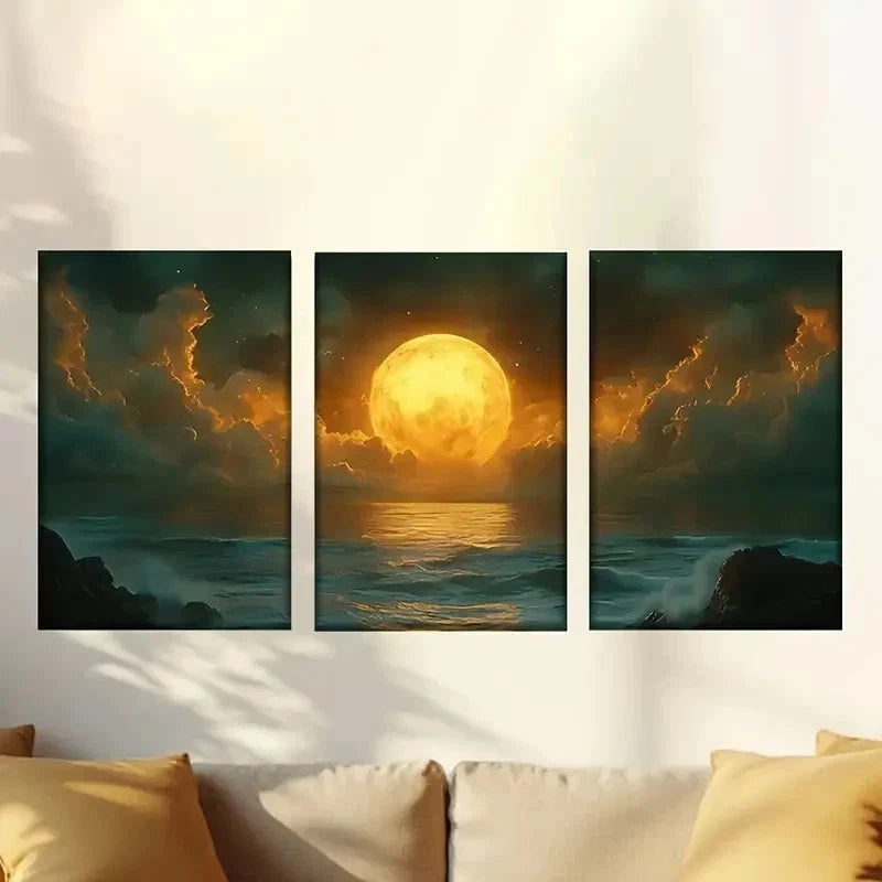 3pcs full moon over the ocean with clouds Wall Art Set Canvas Framed 40x60cm - High Quality Print 100% Australian Made Wall Canvas Ready to Hang