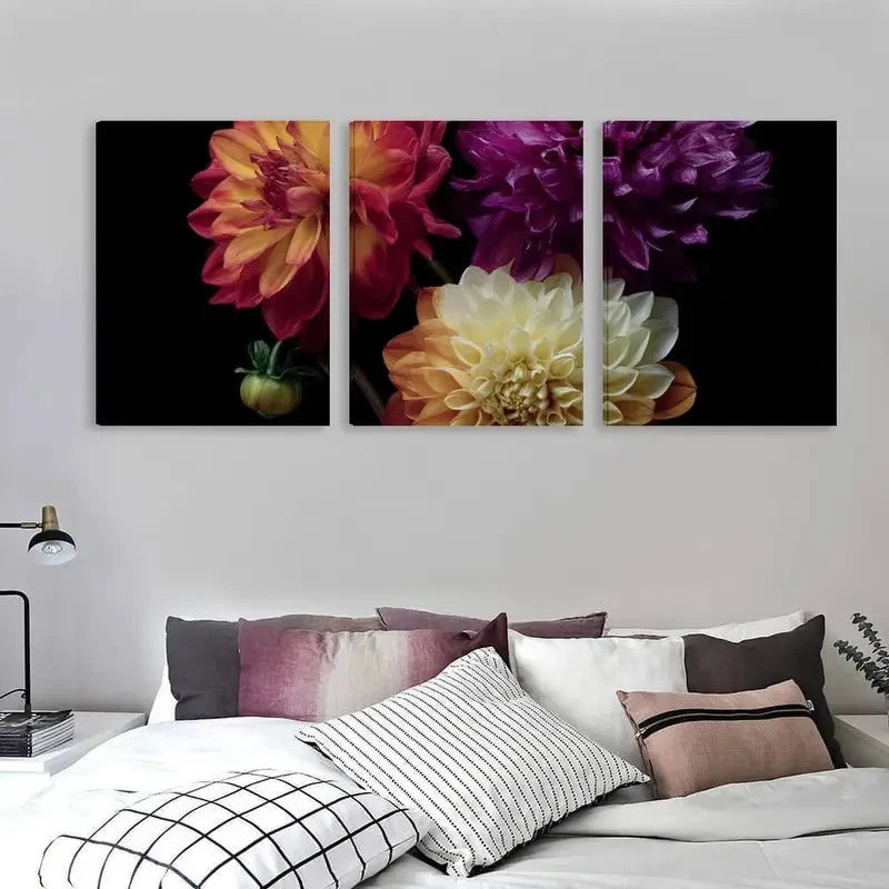 3pcs Modern Dahlia Floral Vibrant Yellow, Pink Wall Art Set Canvas Framed 60x90cm - High Quality Print 100% Australian Made Wall Canvas Ready to Hang
