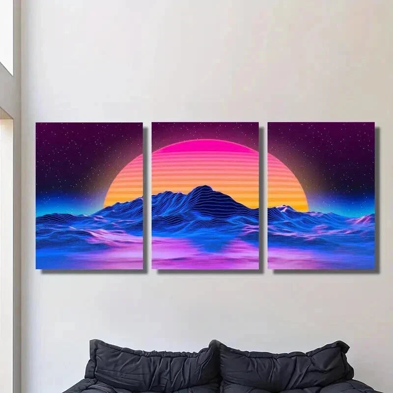 3pcs Sunset Landscape with Purple Blue Light Wall Art Set Canvas Framed 40x60cm - High Quality Print 100% Australian Made Wall Canvas Ready to Hang