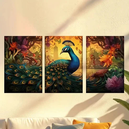 3pcs peacock with a long tail standing Wall Art Canvas Unframed - High Quality Print 100% Australian Made Wall Canvas