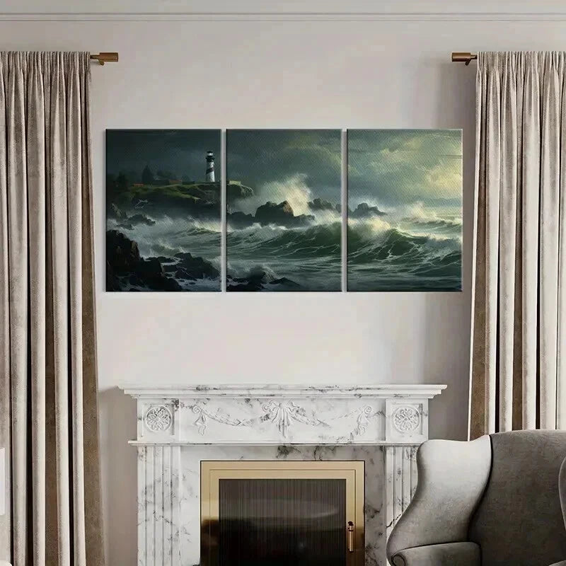 3pcs Lighthouse Overlooking Stormy Sea Waves Wall Art Set Canvas Framed 40x60cm - High Quality Print 100% Australian Made Wall Canvas Ready to Hang