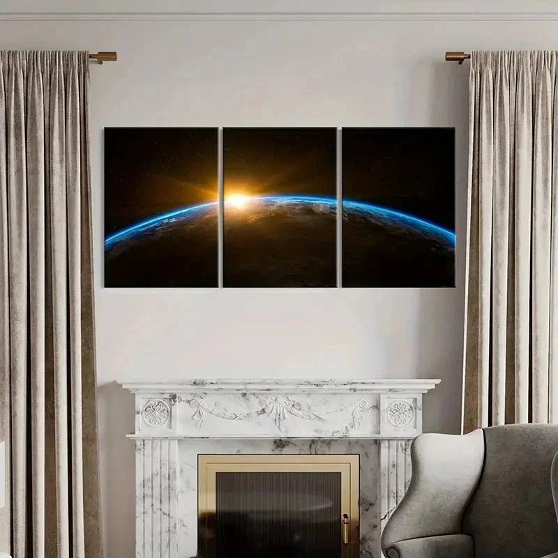 3pcs Sunrise Planet Earth from Outer Space Wall Art Set Canvas Framed 40x60cm - High Quality Print 100% Australian Made Wall Canvas Ready to Hang